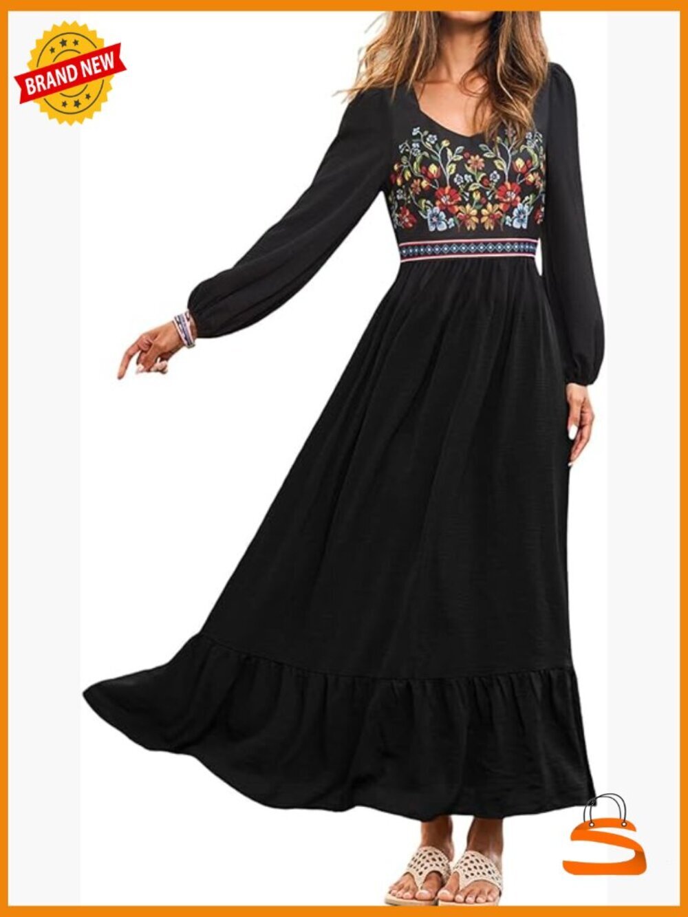 Long Sleeve Boho Floral Maxi Dress with V-Neck and A-Line Silhouette